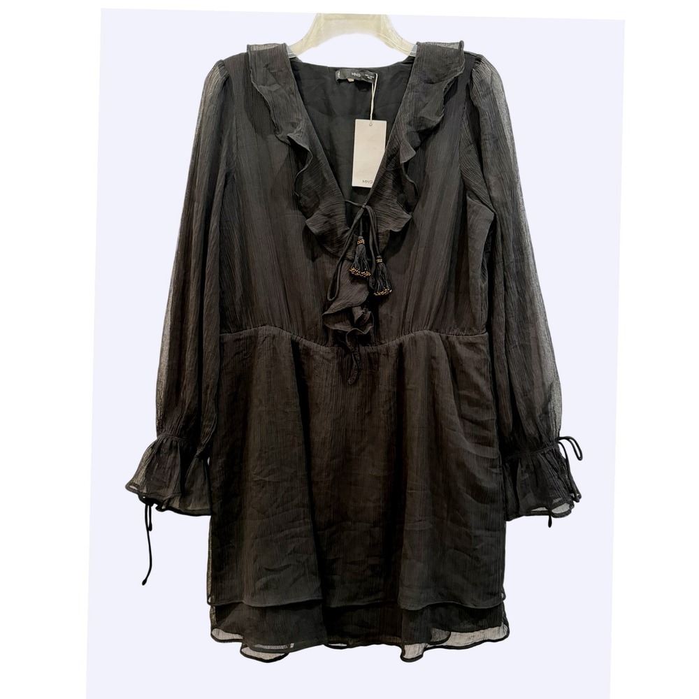 Mango Black Ruffled Mini Dress Dora Beaded Tassel V-Neck Chiffon Large NWT